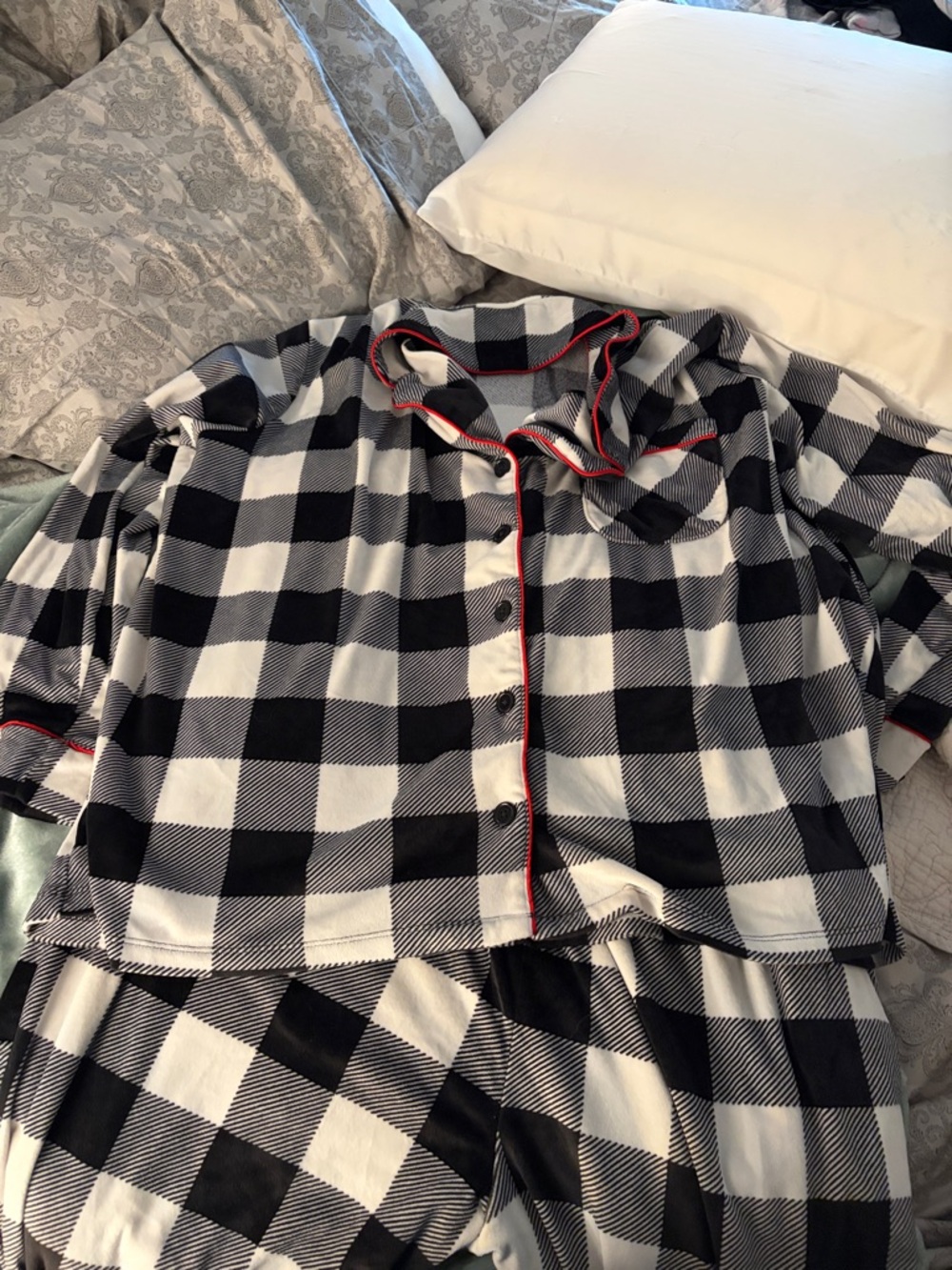 Black & White Buffalo Plaid Pajama Set with Red Piping